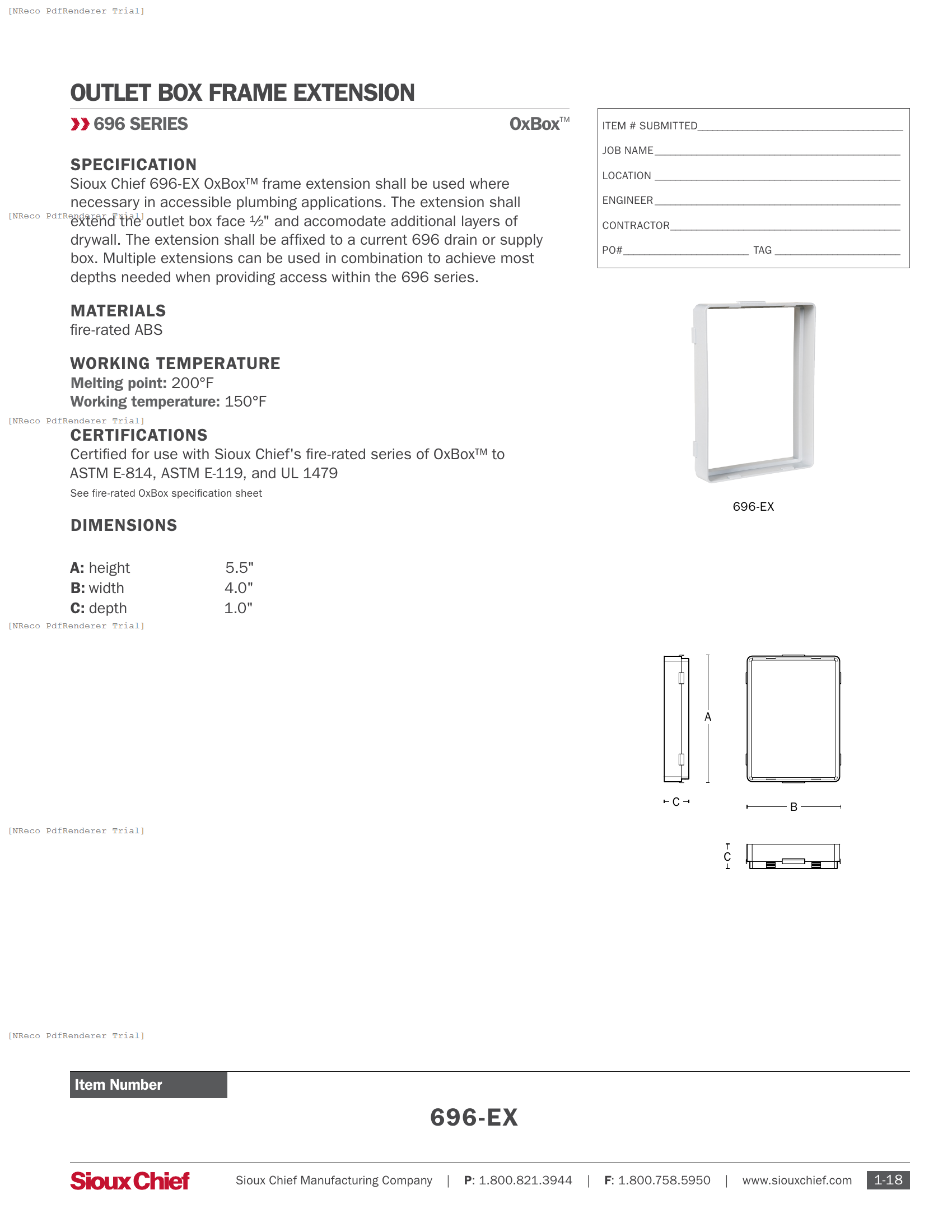 696 SERIES - OXBOX FRAME EXTENSION - SPEC SHEET.PDF Specification Document